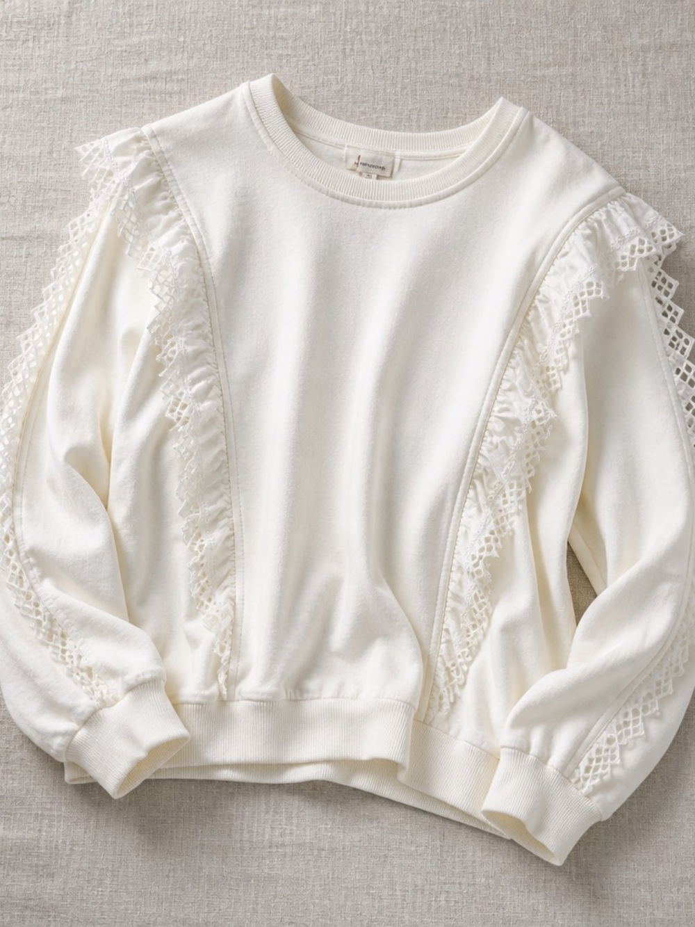 Anthropologie 100%Lace-Trim Pullover Sweatshirt with Boho Ruffles. XL NWOT